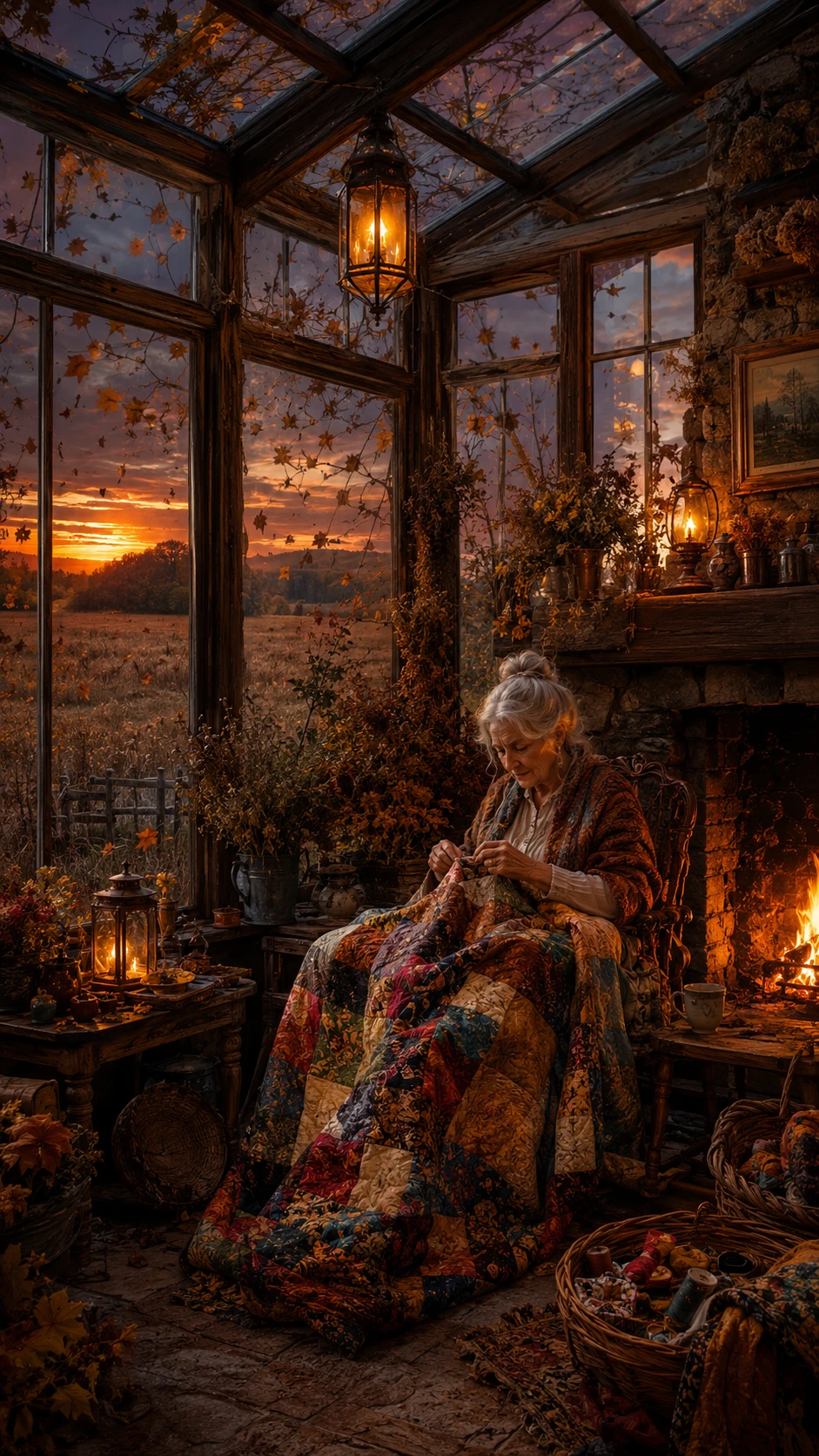 Mujer mayor cosiendo junto a la chimenea en un invernadero rústico