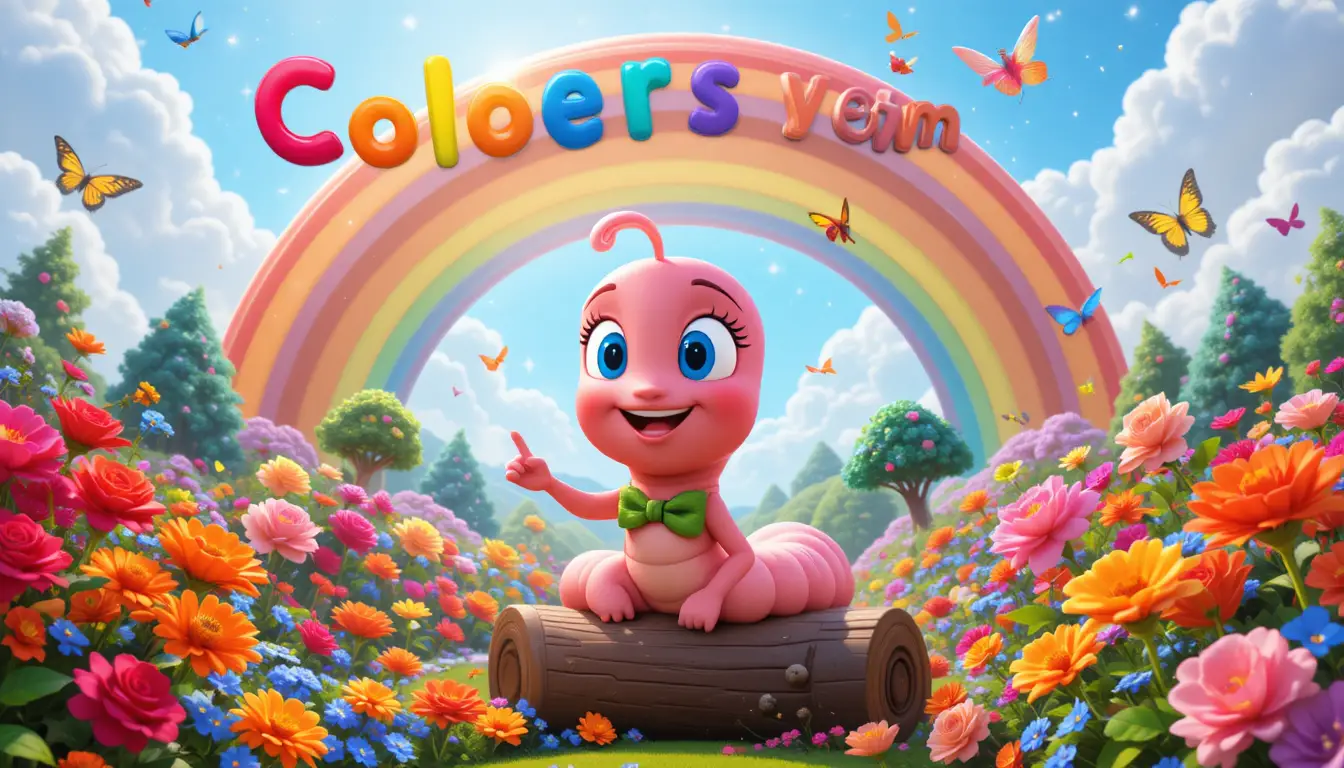 Minhoca rosa fofa com arco-íris em jardim colorido