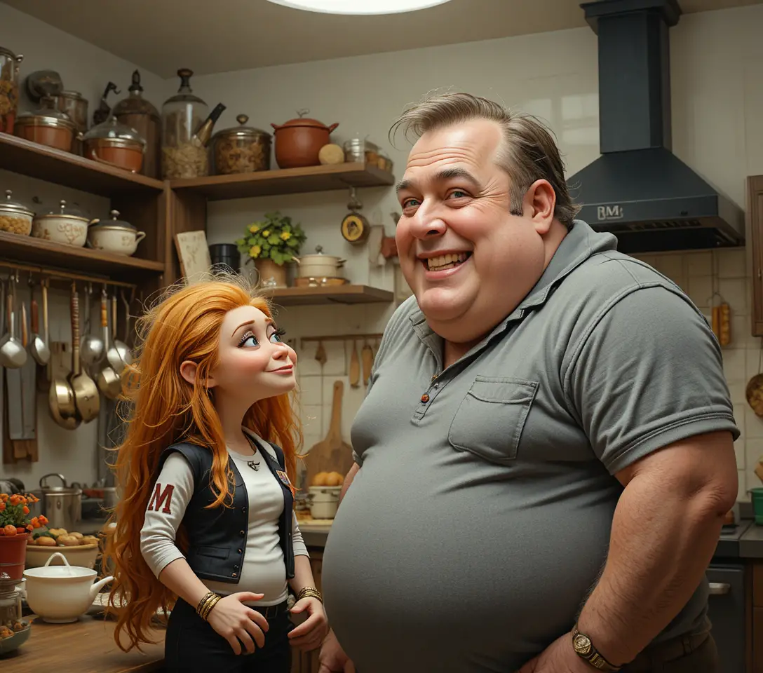 Man laughing with monkey puppet in a cozy kitchen