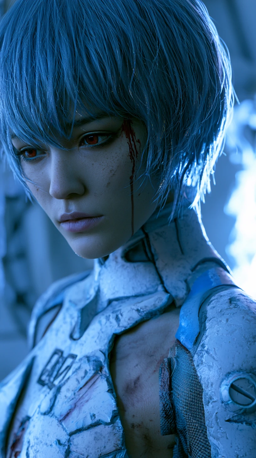 Donna ferita dai capelli blu in plugsuit bianco strappato primo piano