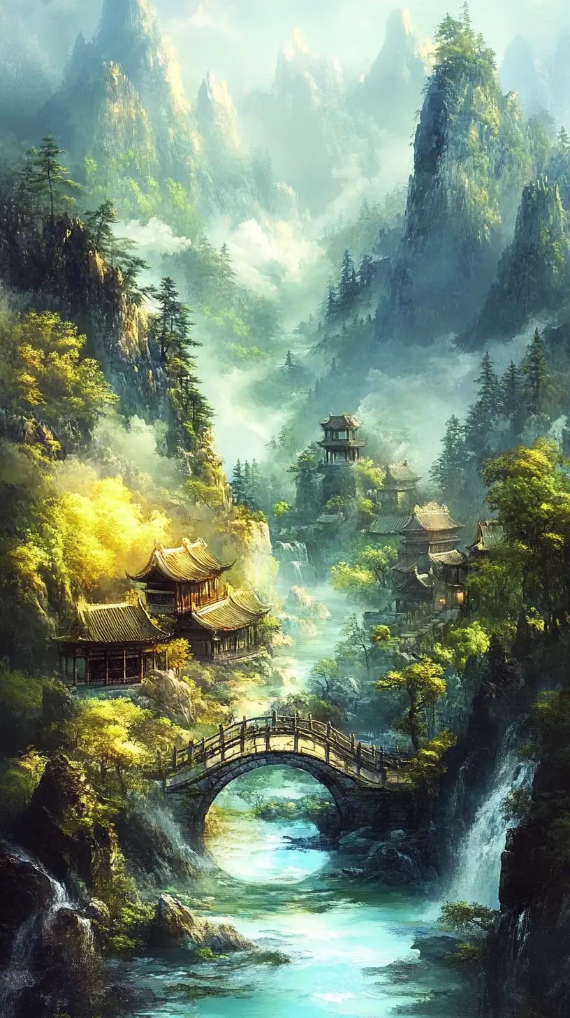 Ruhiges chinesisches Kloster an einem nebligen Bergfluss