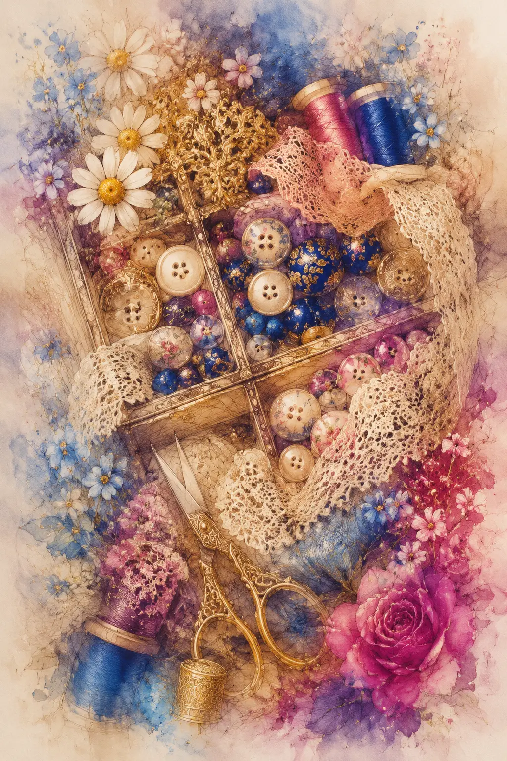 充滿懷舊感的縫紉盒特寫，搭配鈕扣與花朵
