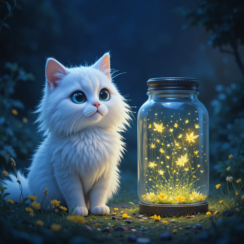 Gato branco ao lado de um frasco de vaga-lumes brilhantes em uma noite silenciosa