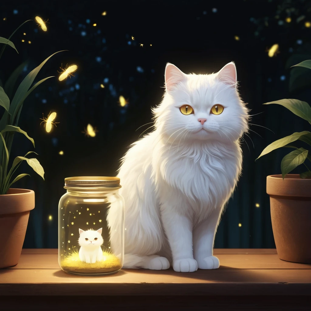 Gato blanco esponjoso con luciérnagas brillantes en una escena nocturna