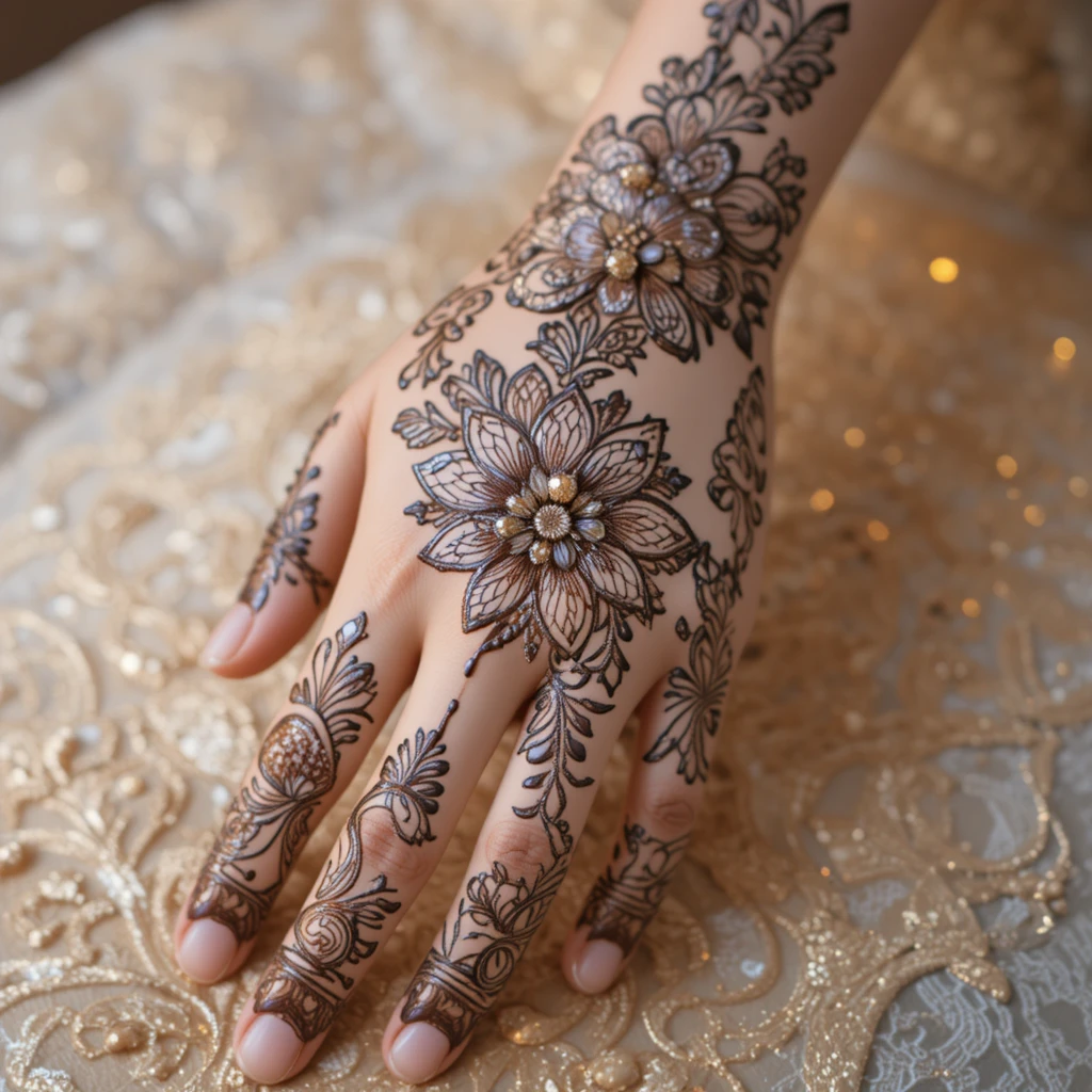 Nahaufnahme von Braut-Mehndi auf eleganten Händen