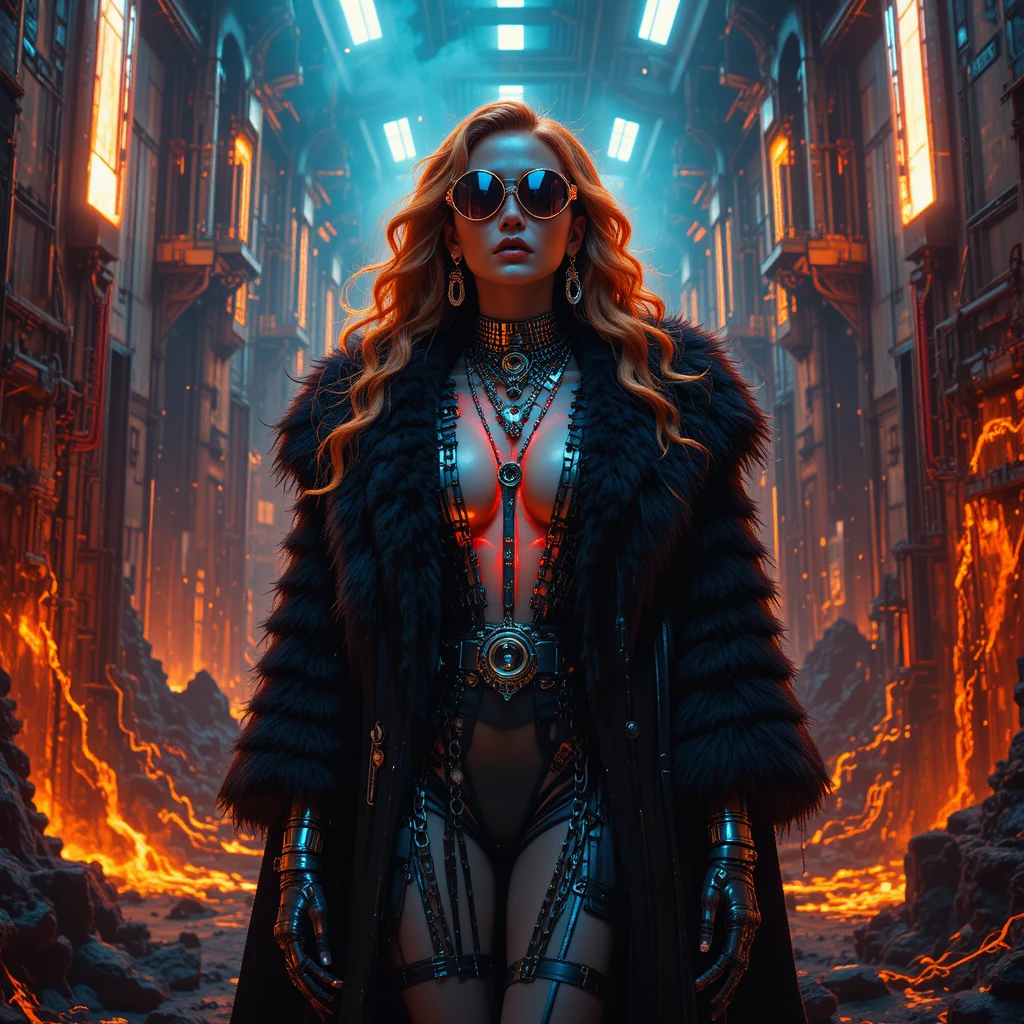 Femme fatale cyberpunk in una cattedrale di reattore fuso