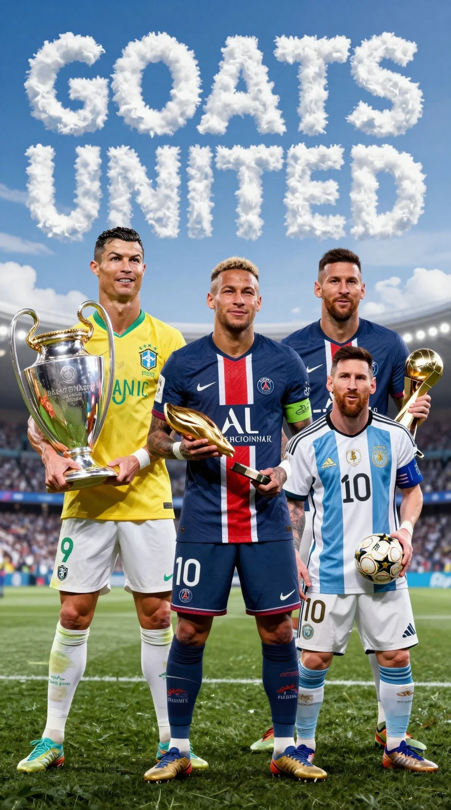 優勝トロフィーを手に並んで立つサッカー界のレジェンドたち