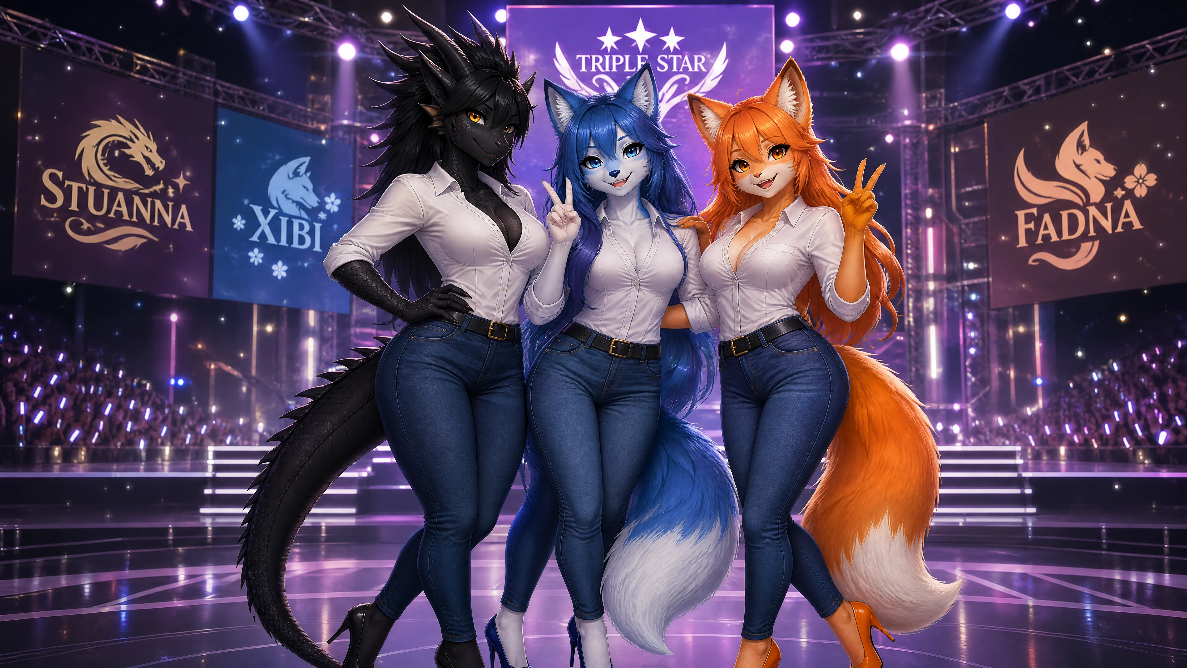 カジュアルなシャツとジーンズのドラゴン系女性アイドル