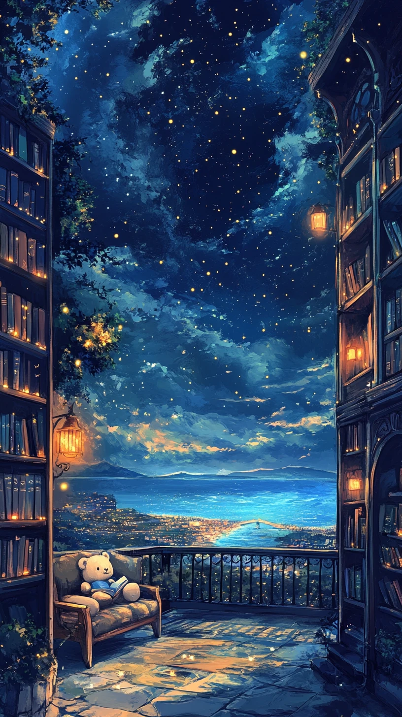星空下陽台上與書相伴的泰迪熊