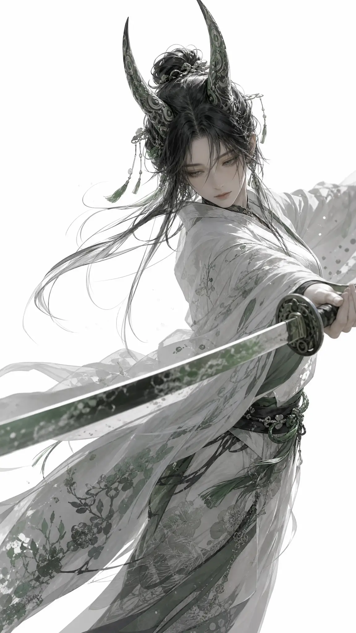 穿著圖案和服、持武士刀的3D少女戰士