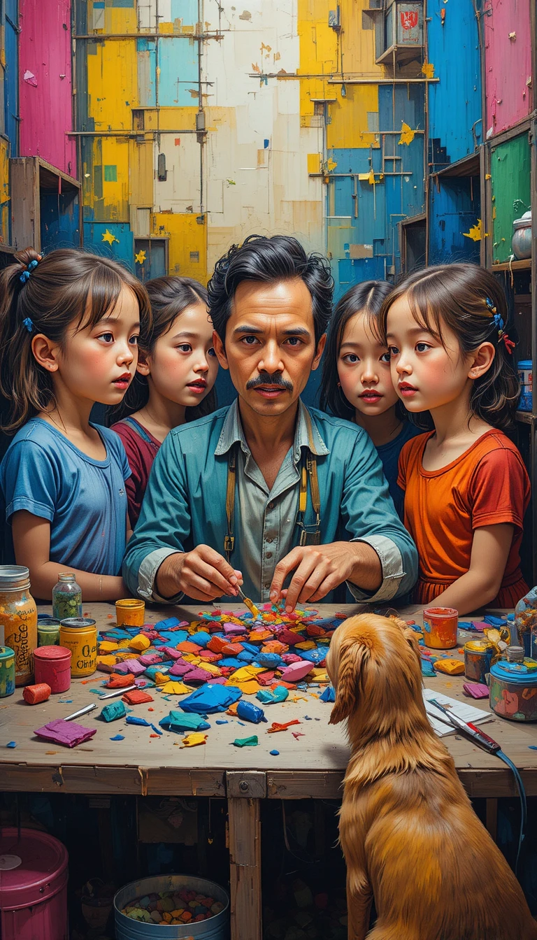 凧職人を見る子どもたちの抽象的なクローズアップ絵画