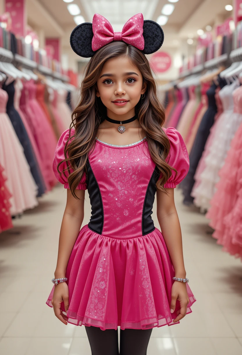 Menina jovem com vestido rosa da Minnie em boutique da Disney