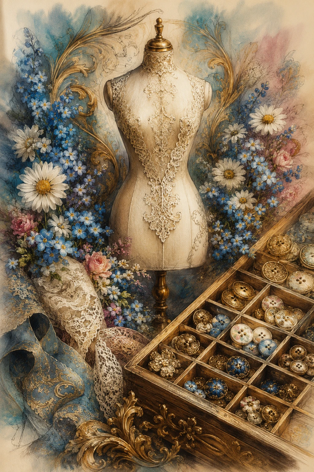 Manichini art nouveau con collage nostalgico di scatola da cucito