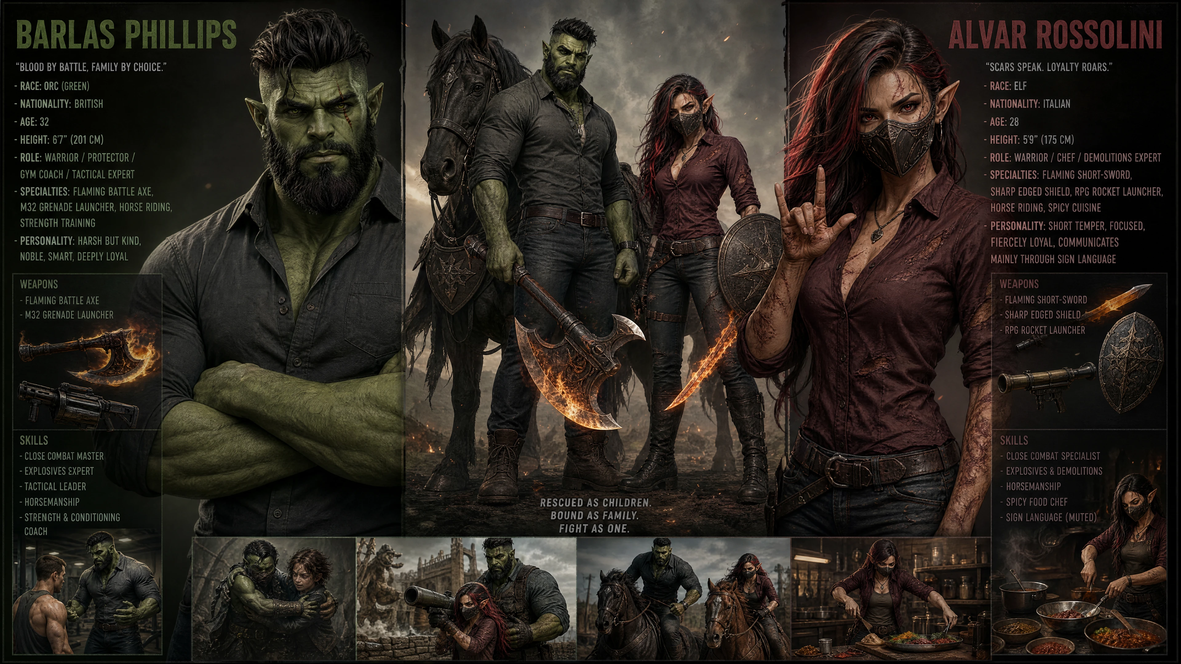 Grand guerrier orc vert avec hache de bataille enflammée