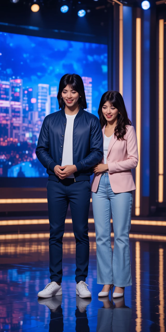 푸른 조명 TV 스튜디오 무대 위의 두 진행자