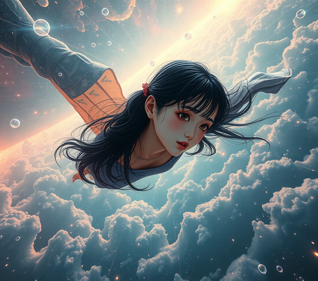 Mujer etérea flotando entre dimensiones paralelas surrealistas