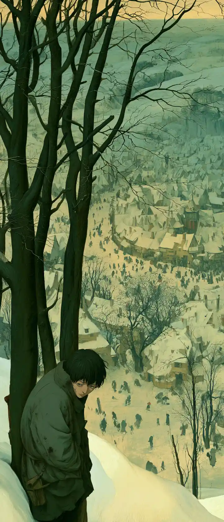 Anime traveler overlooking a snowy medieval Flemish village