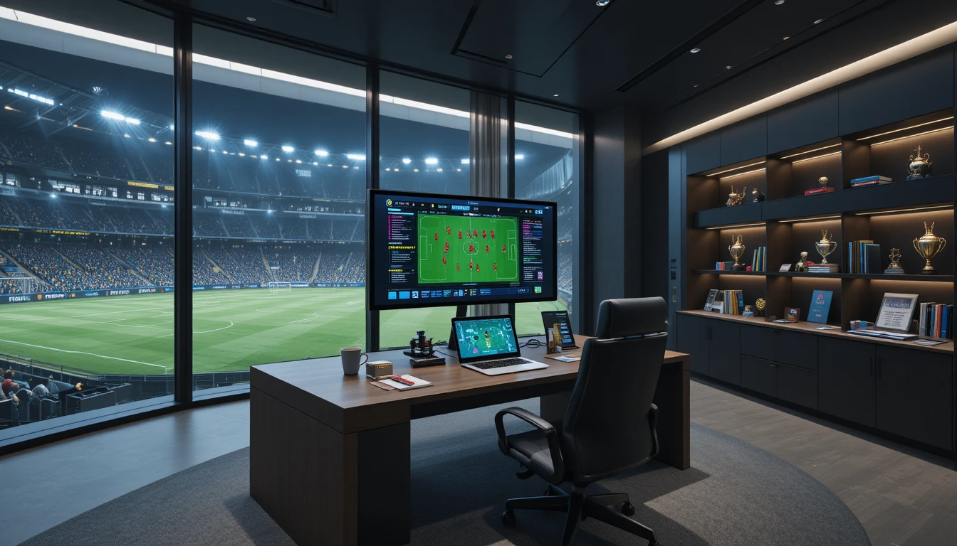 Modernes Fußballmanager-Büro mit Blick auf das Stadionfeld