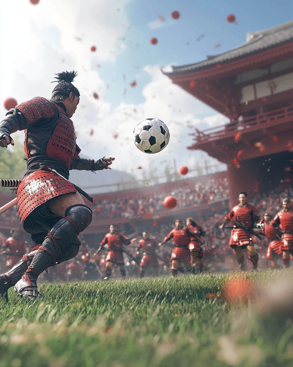 Equipe de futebol samurai desferindo um poderoso voleio dinâmico
