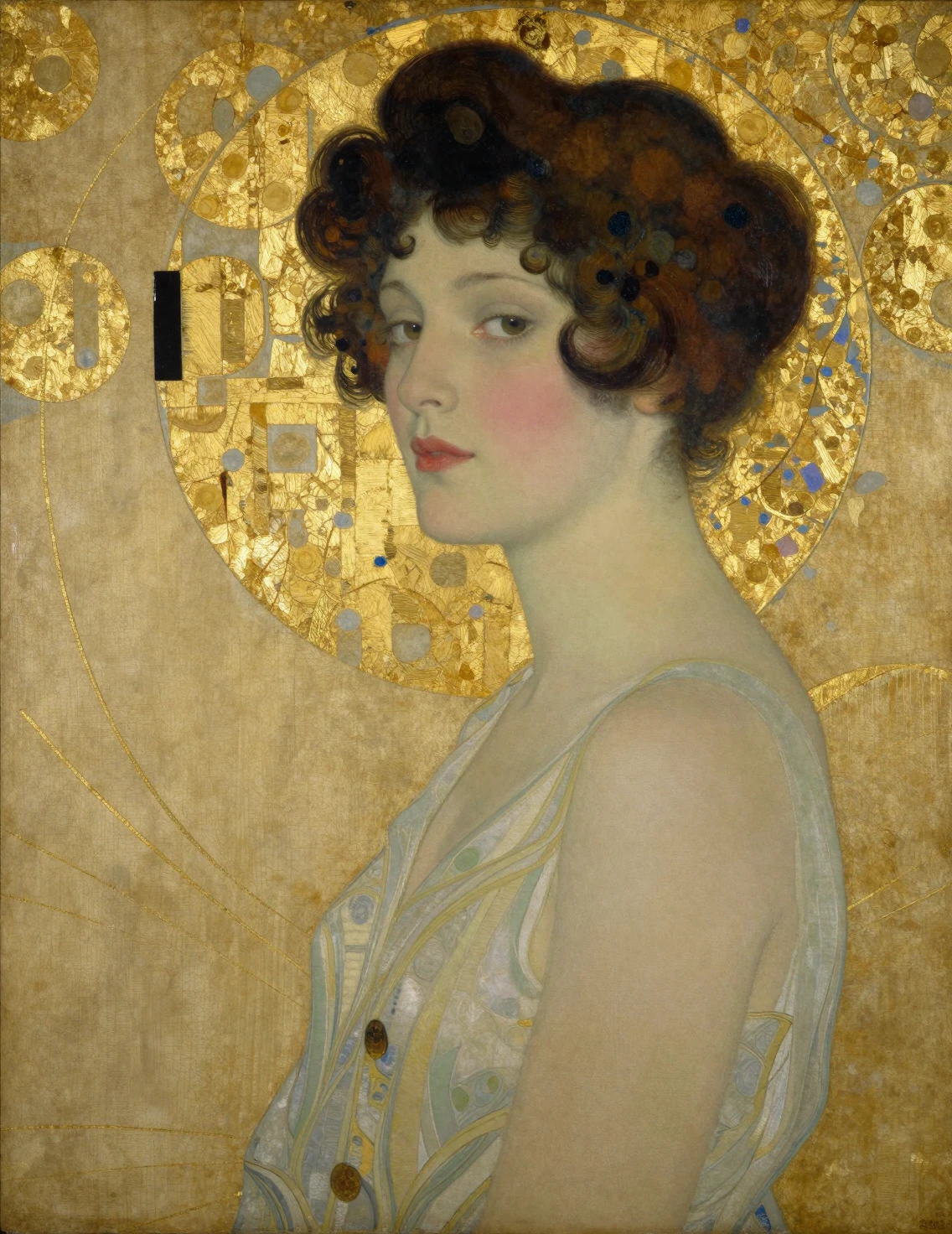 Élégante femme des années 1920 de profil avec motif art nouveau doré