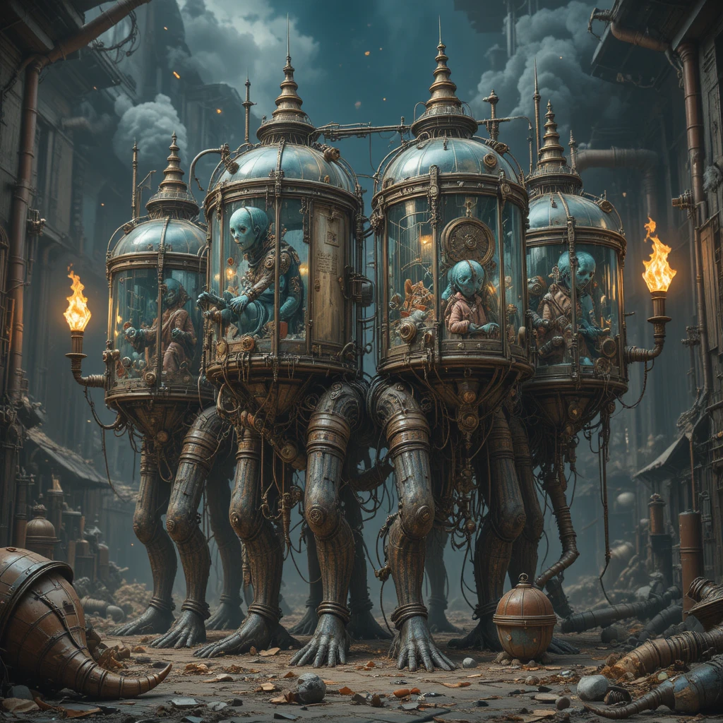 Photorealistic nightmare creatures in a mechanical dreamscape