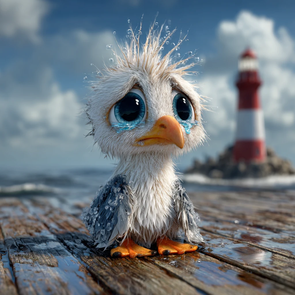 Gaivota bebê triste em píer molhado em estilo 3D cinematográfico