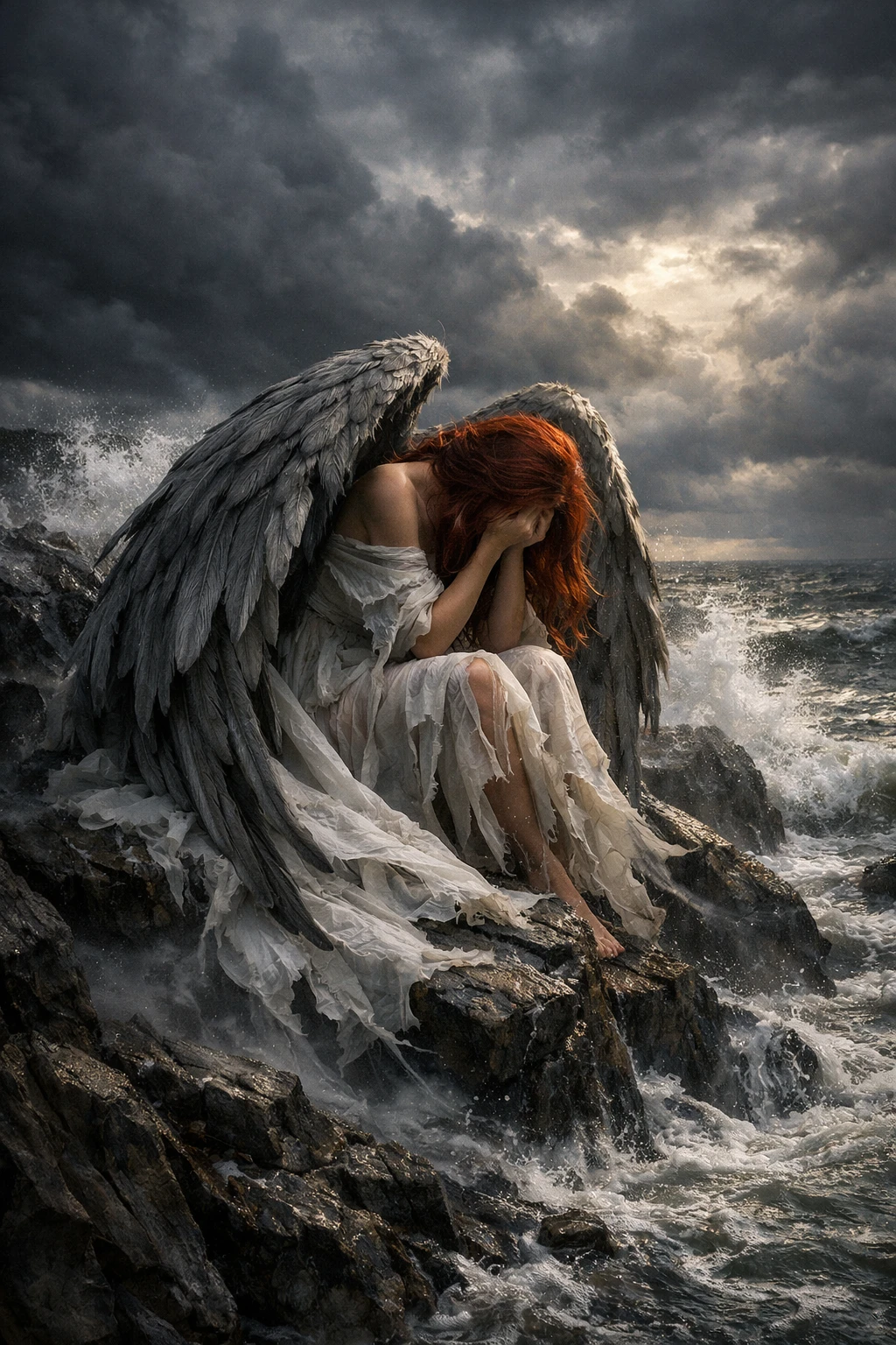 Anjo caído em rochedos tempestuosos à beira-mar
