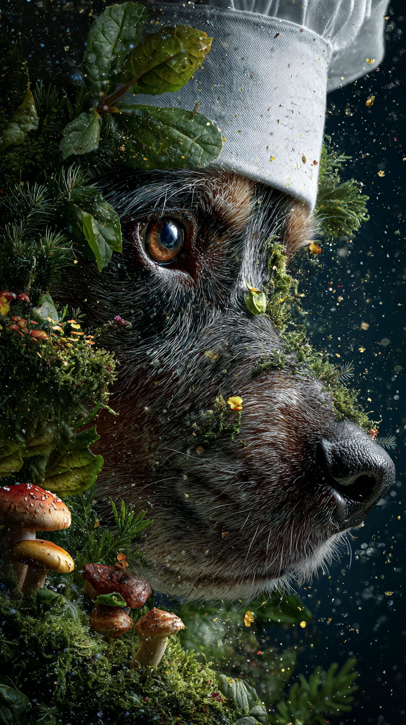 Cão observando de uma toca coberta de musgo em uma floresta antiga