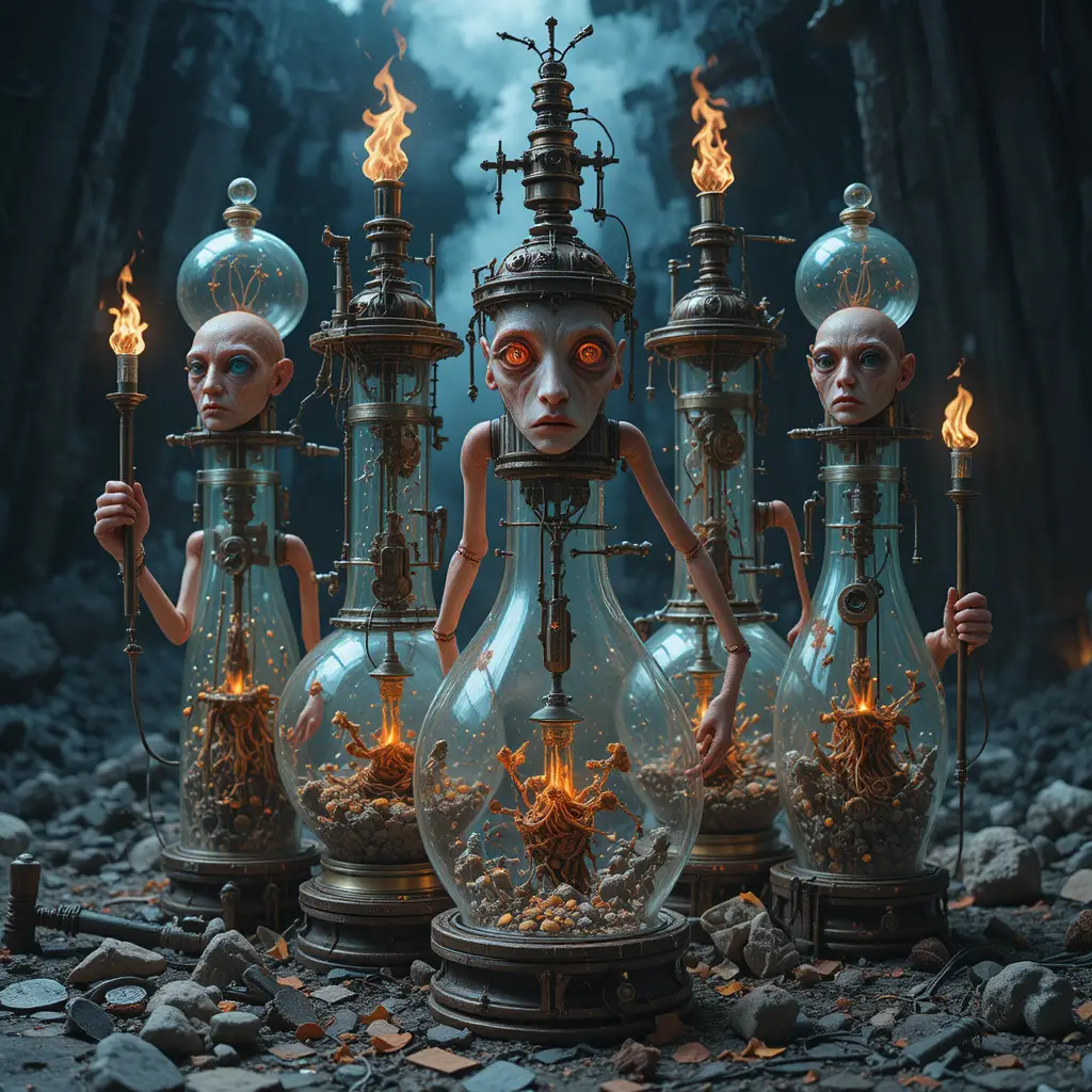 Surreal steampunk flask creatures in a mechanical dreamscape