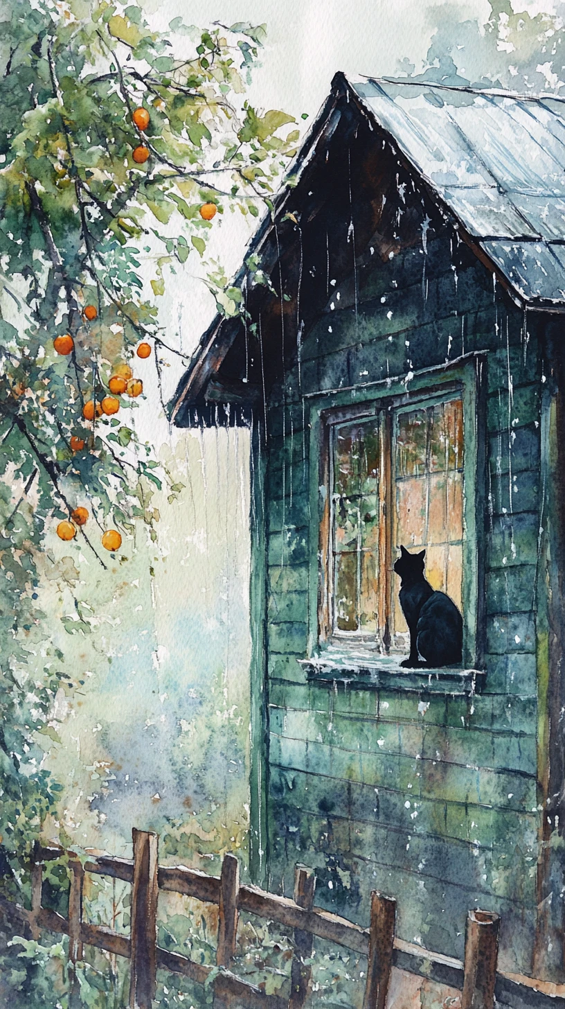 Aquarela de uma casa rústica verde com um gato preto