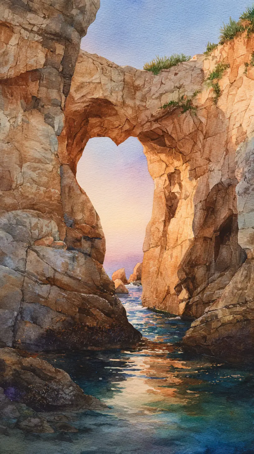 Arc marin romantique en aquarelle au coucher du soleil sur une eau turquoise