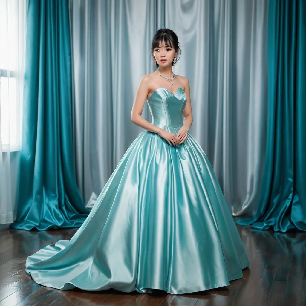 Elegante garota japonesa com vestido de baile de cetim turquesa brilhante