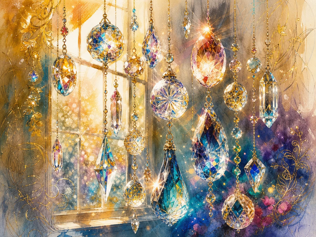 Cristalli di vetro colorati che brillano al sole accanto a una finestra