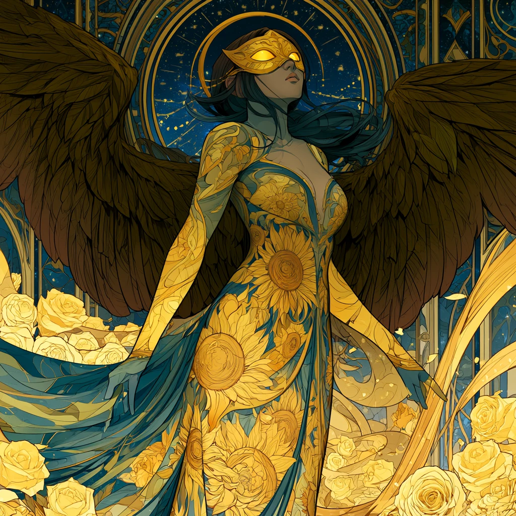 Mulher anjo em estilo art nouveau em um salão celestial