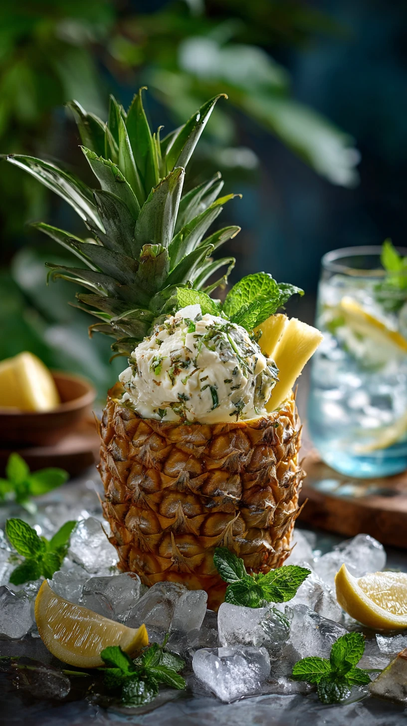 Fruchteis in Ananas mit Limonade in Waldszenerie