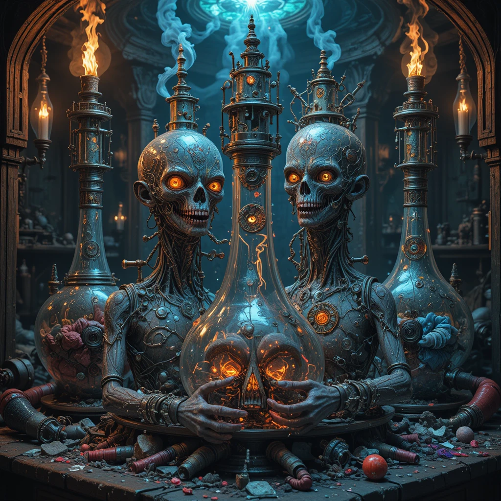 Steampunk-Traumkreaturen aus surrealer alchemistischer Maschinerie