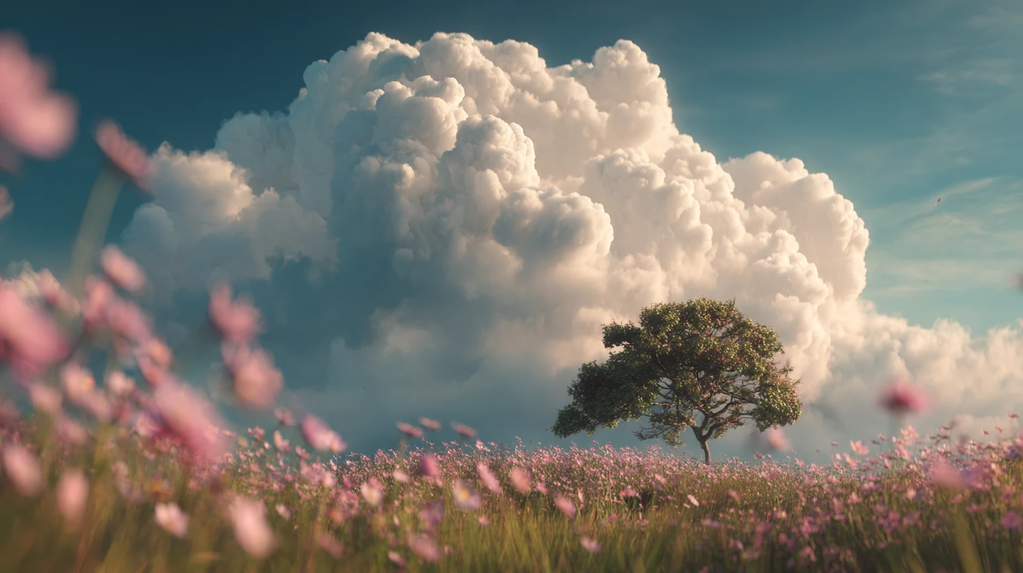 Árvore solitária em campo de flores rosas sob céu de nuvens imponentes