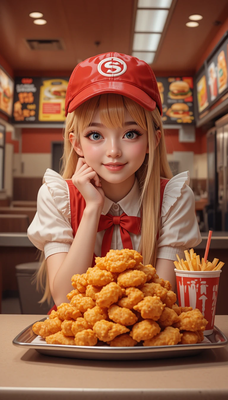 笑容可掬的動漫店員在速食櫃檯端上炸雞
