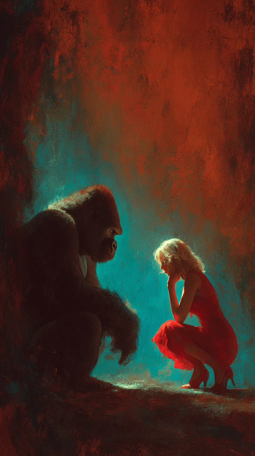 Gorilla und Frau stehen sich in einem cineastischen Waldporträt gegenüber