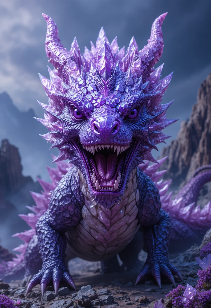 Dragão roxo de cristal rugindo em encosta de montanha irregular