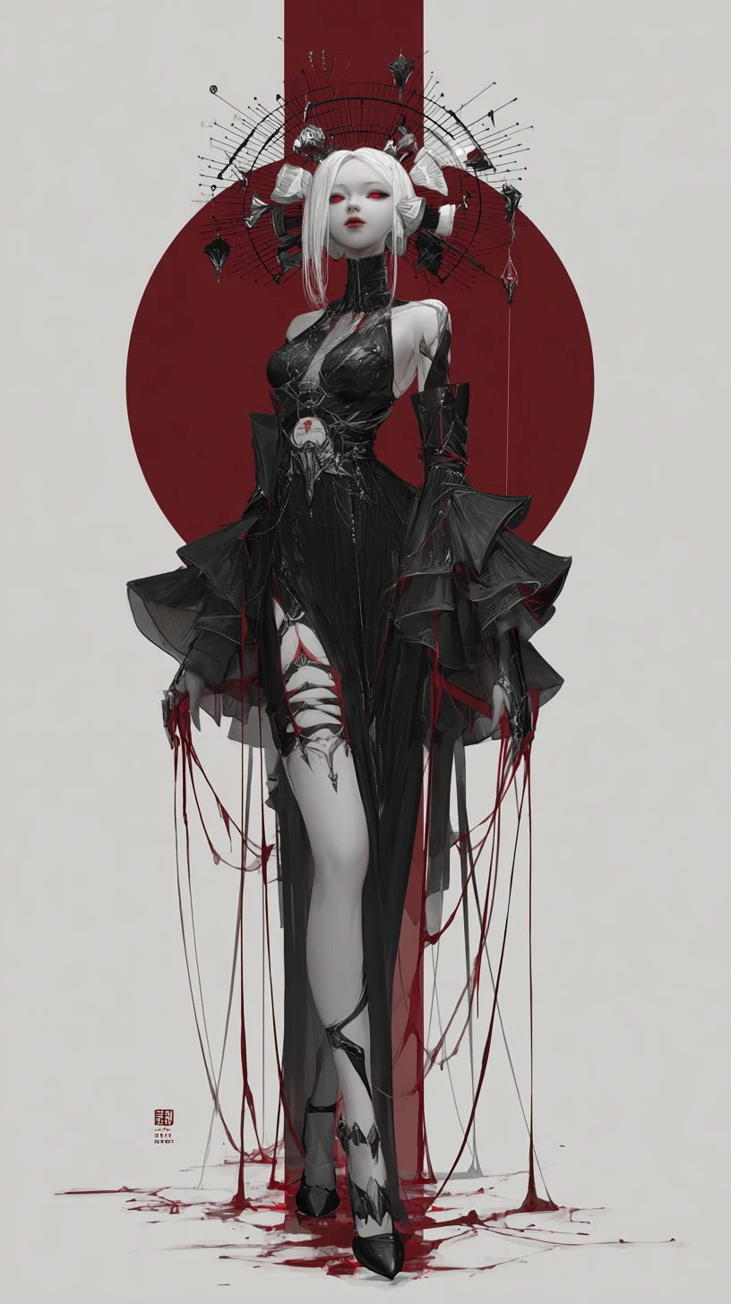 Elegante mulher de fantasia formada por sangue e espelhos