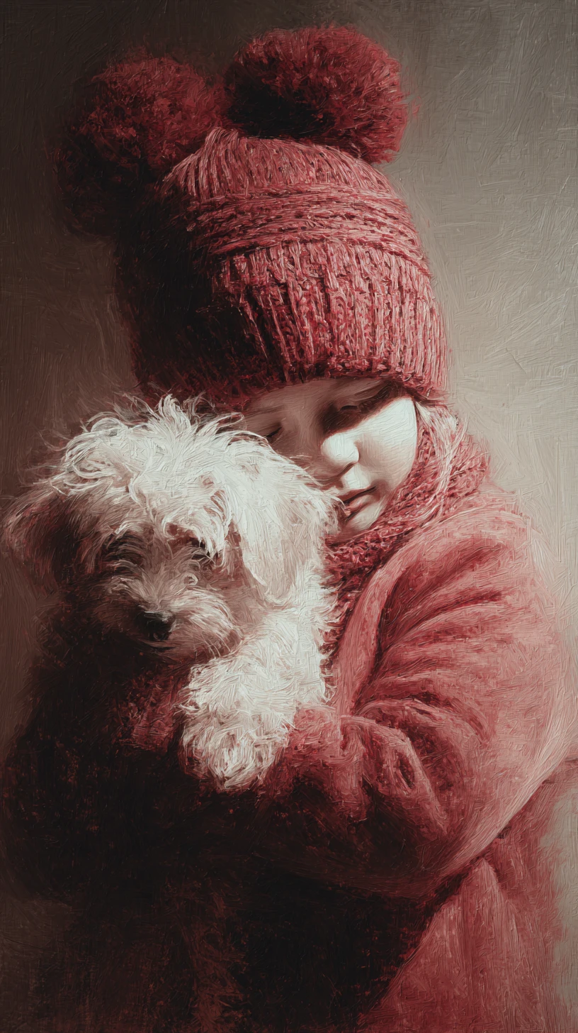 Bambino che abbraccia un cane soffice in un dipinto a olio monocromatico