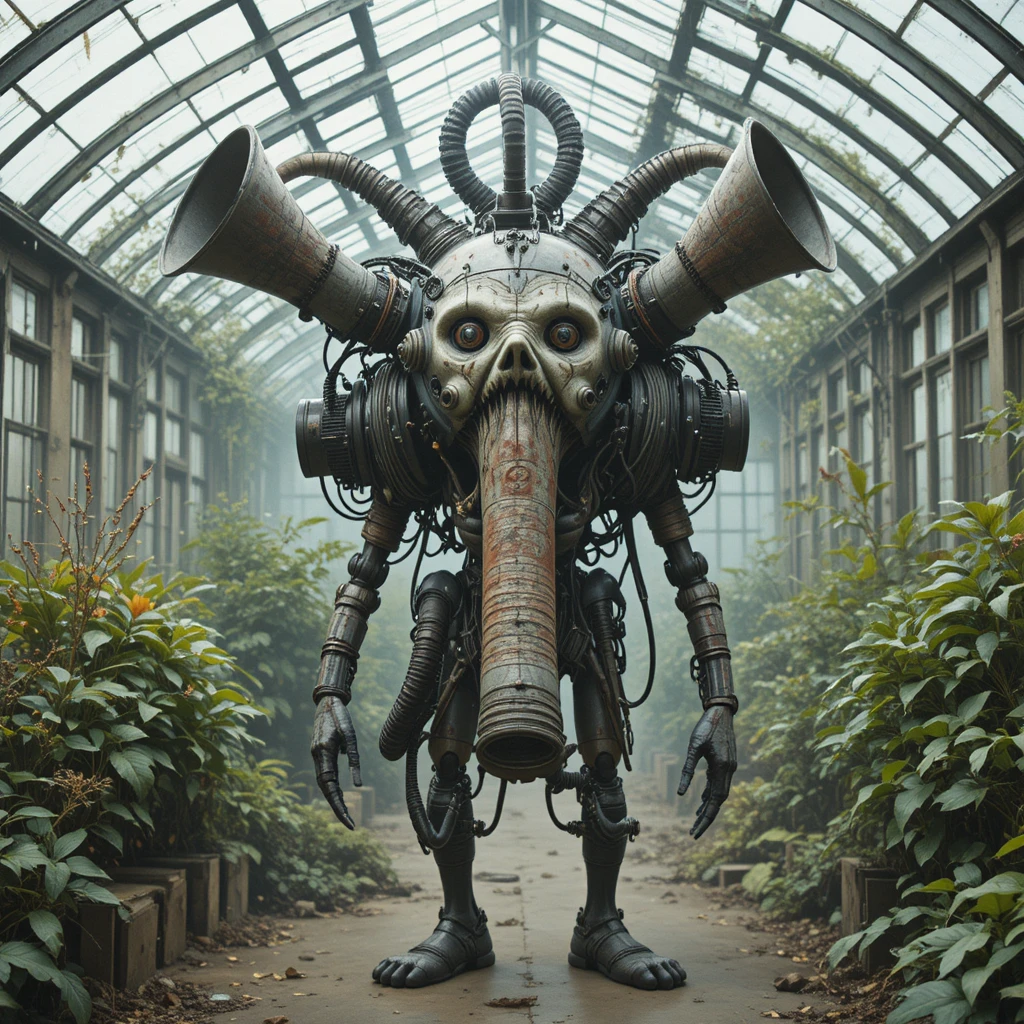 Créature surréaliste mi-machine à corne de brume fixant l’intérieur d’une serre abandonnée