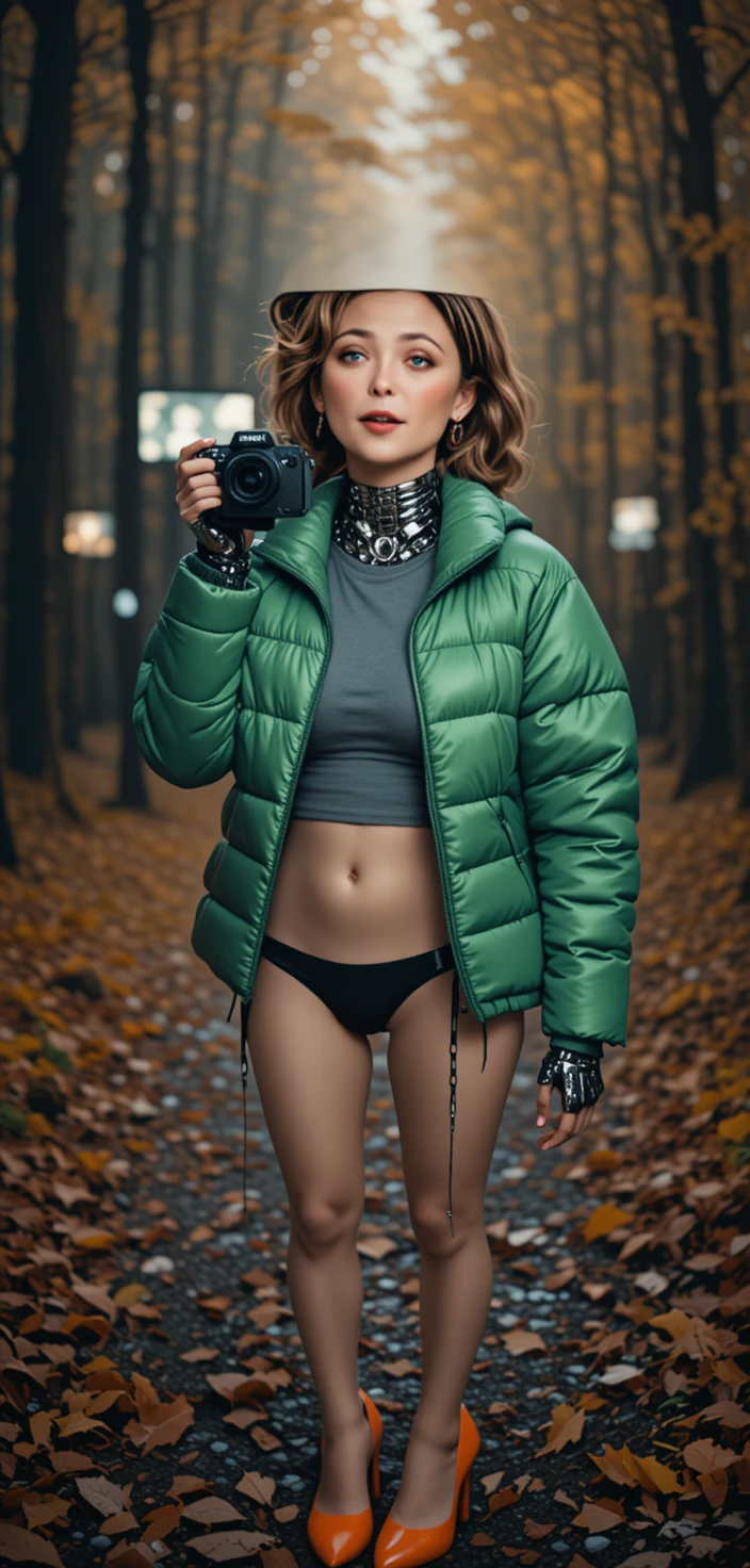 Retrato cinematográfico de uma androide feminina em uma sala de controle escura