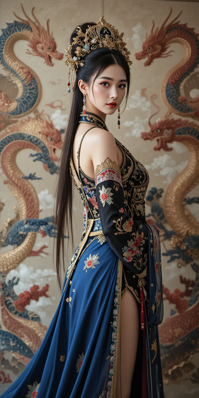 Bela em hanfu elegante com luxuoso traje de dragão e fênix