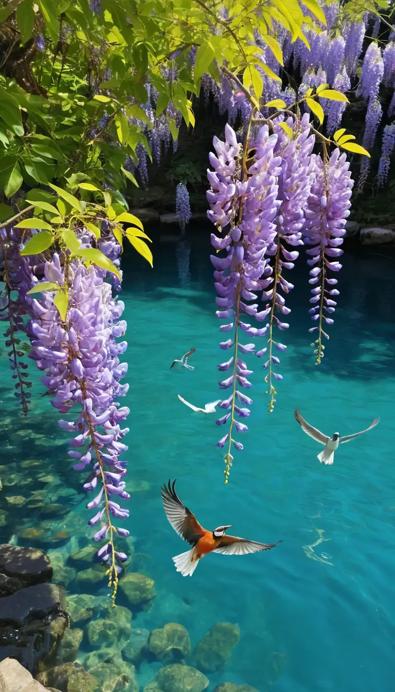 Colorful birds by clear blue water under bright sunlight