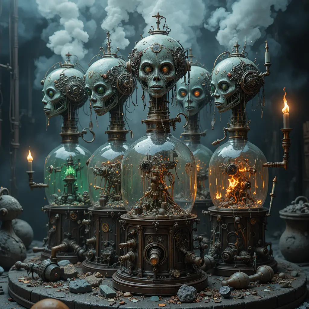 Nightmarish arcane creatures in a surreal mechanical dreamscape