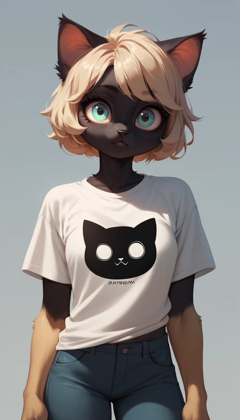 Chat noir anthropomorphe en t‑shirt et pantalon décontractés