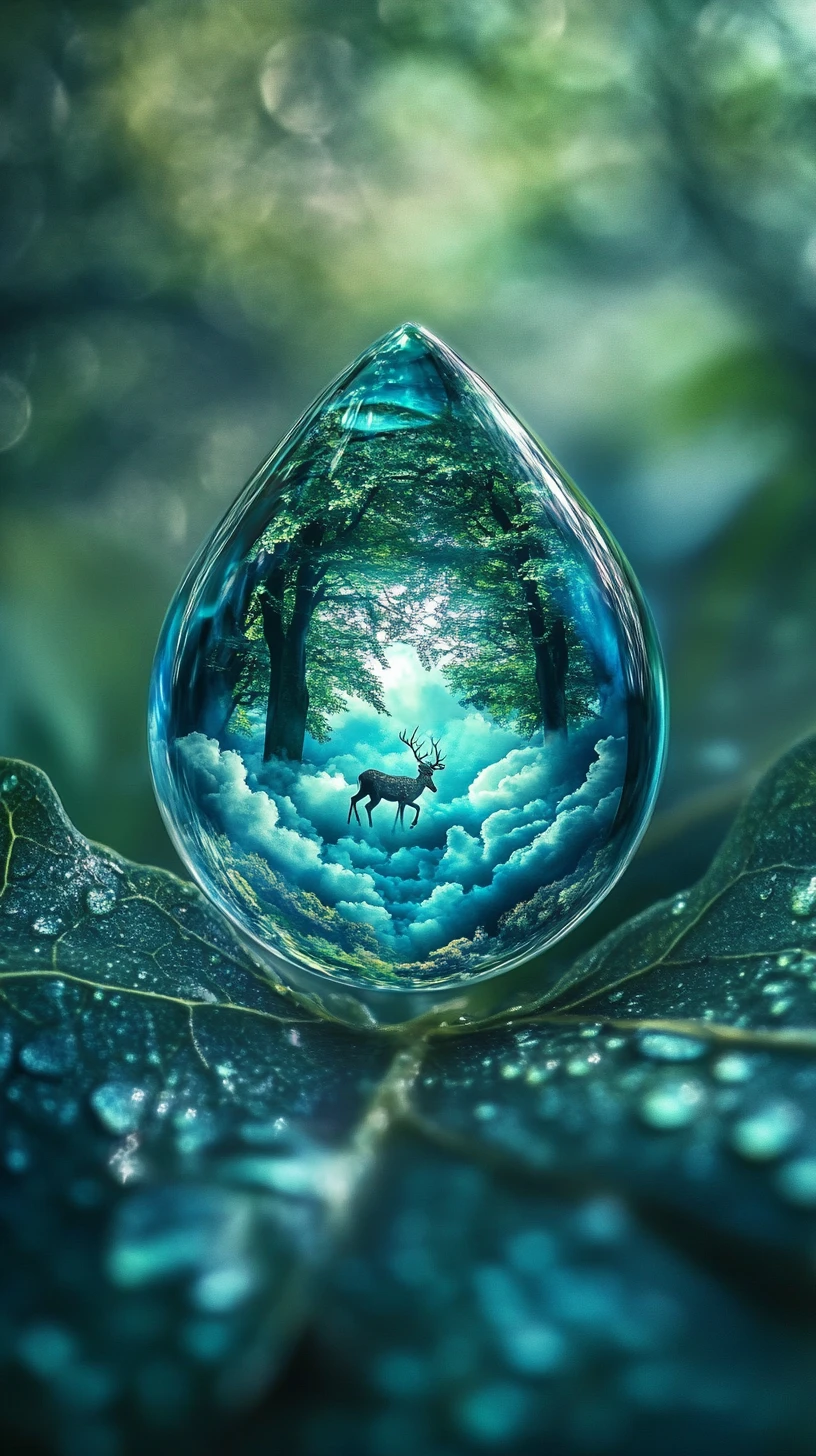 Gota de água em macro sobre uma folha abrigando uma floresta em miniatura