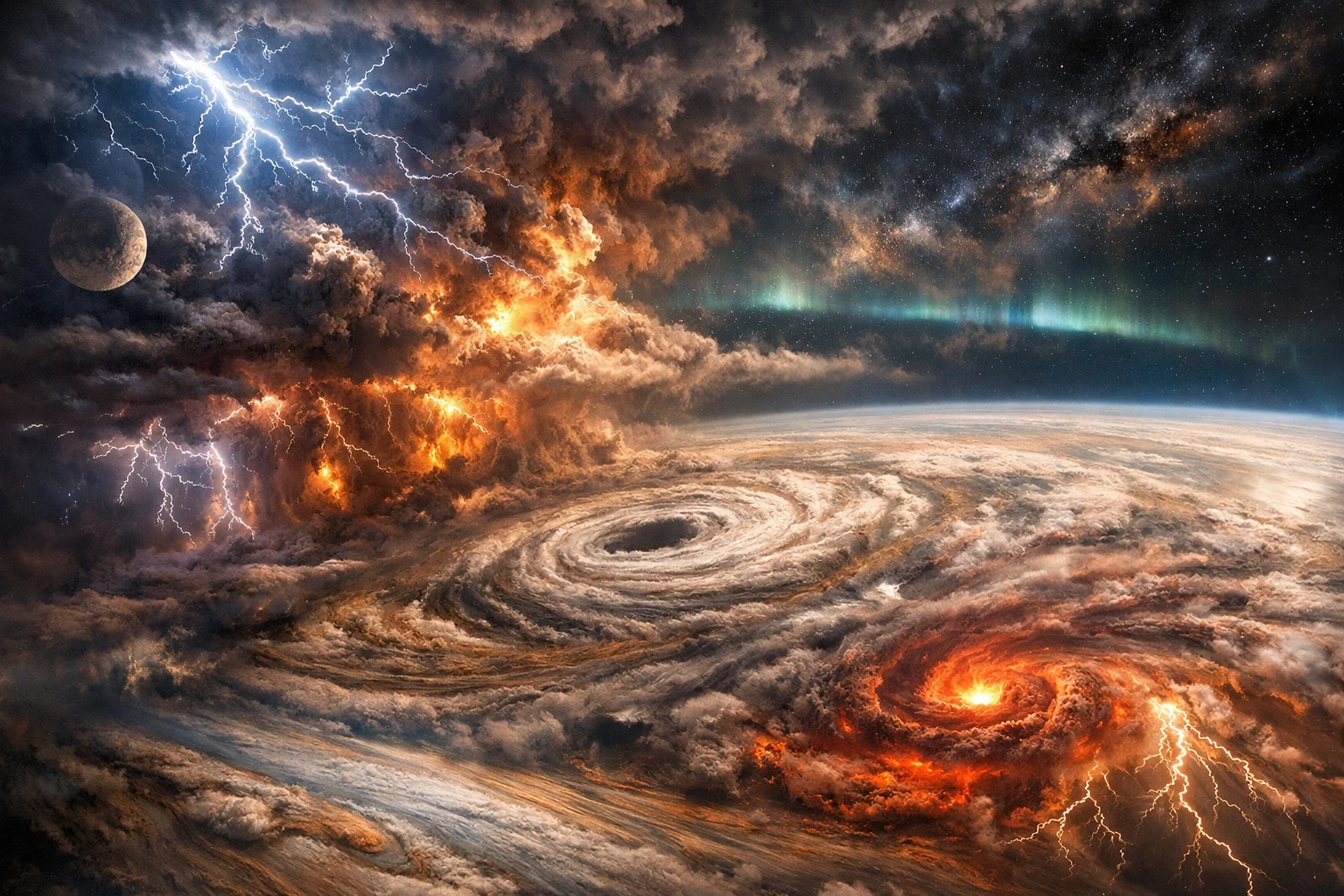 Drammatiche tempeste celesti che vorticano nello spazio cosmico vivido